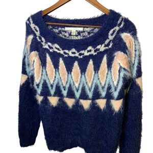 Lauren Conrad Fair Isle Sweater Women L Blue Pink White Geometric Fuzzy Pullover